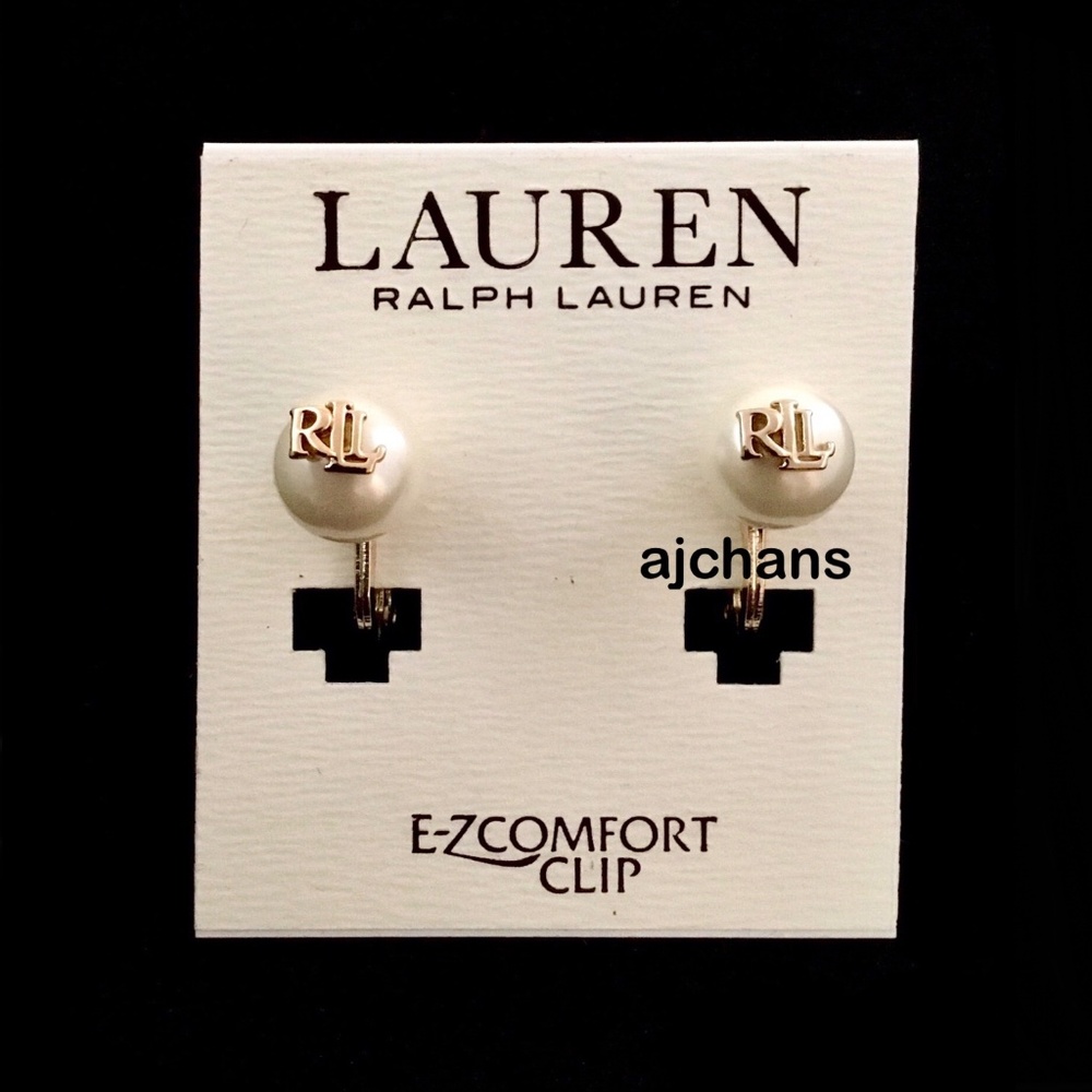 Lauren Ralph Lauren Imitation Pearl w/Gold Tone Logo Stud Earrings - Clip On